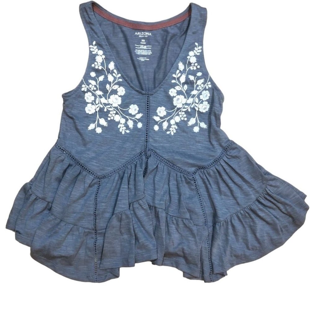 Arizona Peplum Style Tank Top Carbon Blue Size XS Womens Embroidery Feminine